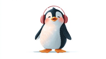 Cute penguin wearing pink headphones, smiling and listening to music