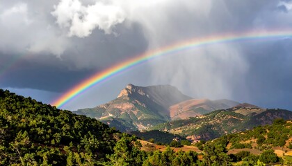 Rainbow arches over a mountain range during a storm