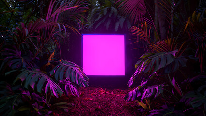 A vibrant neon pink cube glows amidst lush tropical foliage, creating a surreal and captivating scene in a dark, mysterious jungle setting
