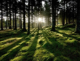 Obraz premium Sunlight streams through a dense forest, casting dappled shadows on the mossy ground, creating a peaceful and serene atmosphere.
