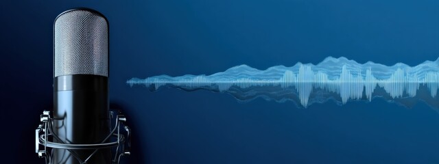 Studio condenser microphone recording audio, converting analog sound waves into a digital signal on a blue background