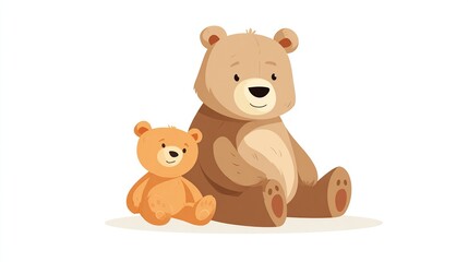 Two cartoon bears, one large and one small, sitting side by side.  Both have light brown fur, large eyes, and friendly expressions