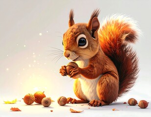 Fototapeta premium Cute Squirrel Holding Acorn with Autumn Leaves and Acorns