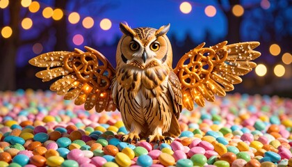 Owl with Pretzel Wings on Colorful Candy  Creative Concept.