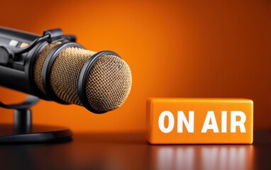 Obraz premium Studio microphone and ON AIR warning light on a dark surface, symbolizing live broadcast, radio, and podcasting