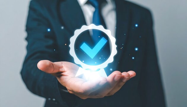 Modern business concept with businessman touching holographic check mark icon for digital growth