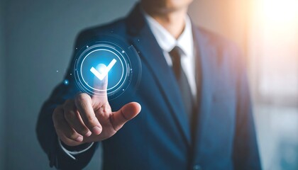 Businessman hand interacting with holographic check mark icon in futuristic digital workplace