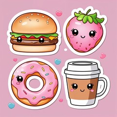 Cute Food Mascot &ndash; Kawaii Burger, Donut, Strawberry, and Coffee Characters