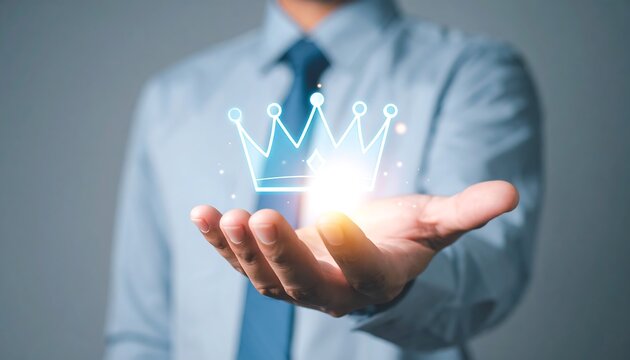 Holographic crown icon in businessman hand representing digital leadership - Powered by Adobe