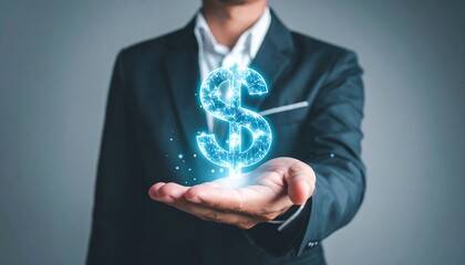 Holographic dollar sign icon in businessman hand symbolizing financial technology and professional success