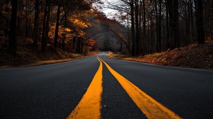 Empty asphalt road with double yellow lines curving through a dark autumn forest