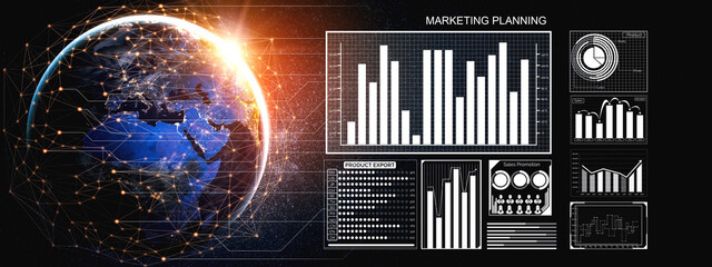 A striking visualization of global marketing planning featuring intricate data analytics and graphs superimposed on a digital Earth background. Impute