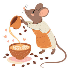 A cute cartoon mouse making latte art in a coffee cup.