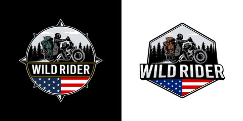 Wild Rider Adventure Emblem vector Illustration. Capturing the spirit of freedom and exploration. A bold design of a rider on a motorcycle set against a backdrop of nature and stars