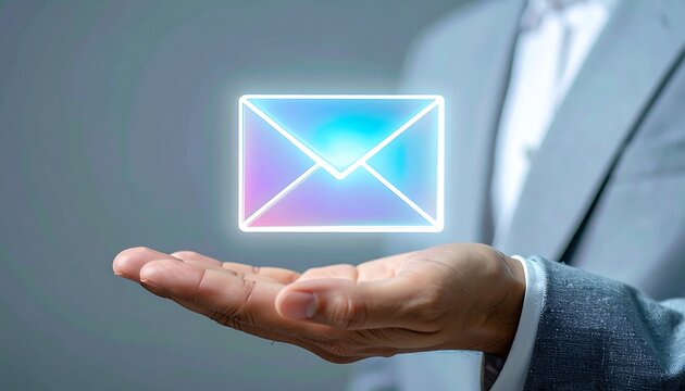 Professional businessman hand with holographic envelope icon showing futuristic digital messaging