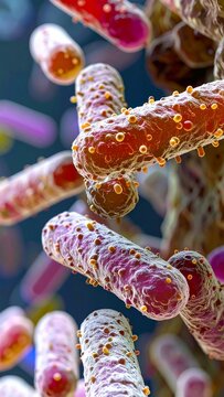 Vibrant, highly detailed 3D render of various microbes and bacteria with sharp focus and a colorful, blurred background., Generated image