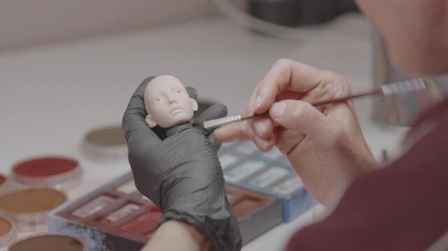 Artist carefully adds fine details to silicone doll head using thin brush highlighting precision and craftsmanship in miniature figure creation