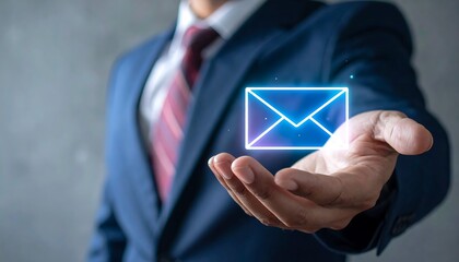 Holographic envelope icon in businessman hand symbolizing digital communication in a professional environment