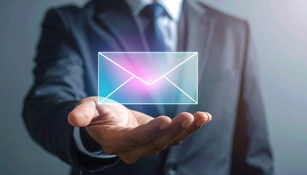 Holographic envelope icon in businessman hand representing futuristic technology and digital connection