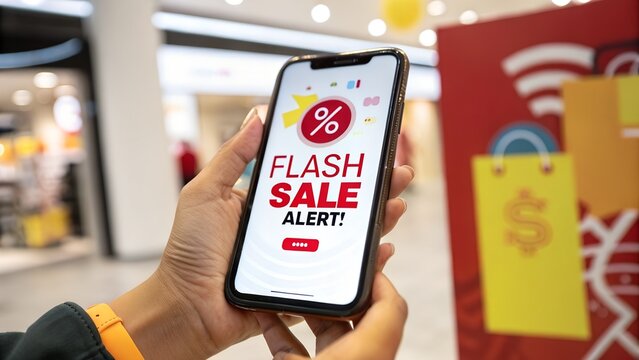 Woman holding smartphone with flash sale alert in a shopping mall setting