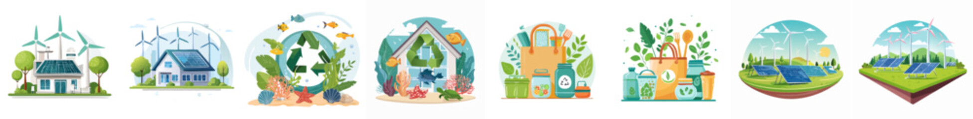 Eco Energy and Recycling Vector Bundle — Solar Homes, Wind Turbines, Sustainable Lifestyle, and Green Living Illustrations