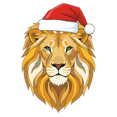 Majestic lion with festive mood wearing a Santa hat against a transparent background