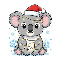 Cute cartoon koala with festive mood wrapped in Christmas lights against a snowy background
