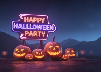halloween pumpkins illuminated with neon light next to a glowing sign that reads "Happy Halloween Party" halloween party background with a night sky and dark mountains on the horizon Generative AI