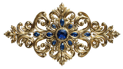 Elegant Golden Ornamental Swirl with Sapphire Gemstone on Transparent Background