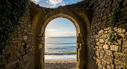 Coastal vista seen through an ancient weathered stone archway ruins