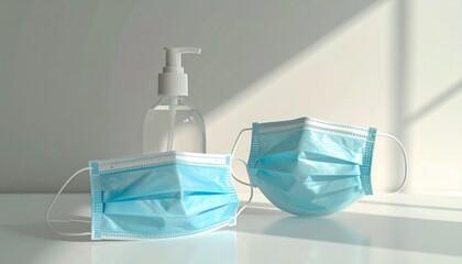 Clear hand sanitizer bottle with black pump and blue surgical face mask on white surface with diagonal shadows., Generated image