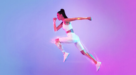 Digital Sport. Sporty Lady Running In Mid Air Posing Over Pink And Blue Neon Background. Female...