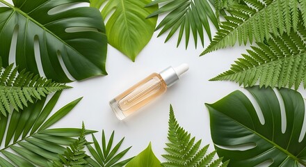 Botanical beauty serum presentation with tropical greenery backdrop