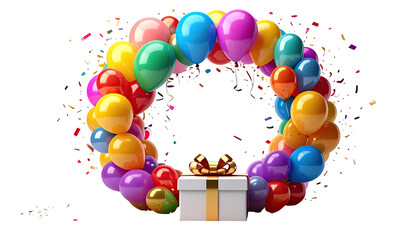 Colorful balloon wreath framing a gift