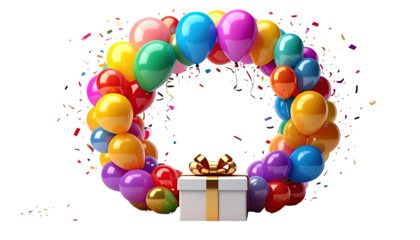 Colorful balloon wreath framing a gift