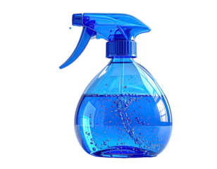 A vibrant blue spray bottle, full of liquid, with a clear spray nozzle