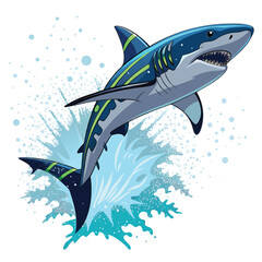 A stylized blue shark leaps out of the water with green stripes.