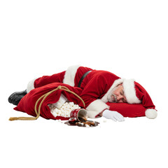 PNG cut out isolated background. A humorous photograph of a tired Santa Claus who has fallen fast asleep on the floor,