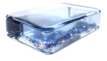 A rectangular, translucent block of ice, or glass, showcasing a celestial scene within