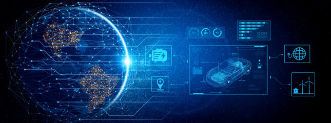 Technical layout of electric vehicle showing battery system, power control, traction motor,...