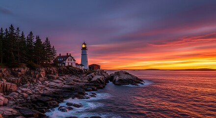 Dramatic Seascape with Lighthouse Silhouetted Against Fiery Sunrise