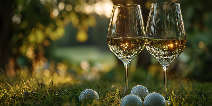 Glasses of white wine and golf balls at sunset on a lush green golf course