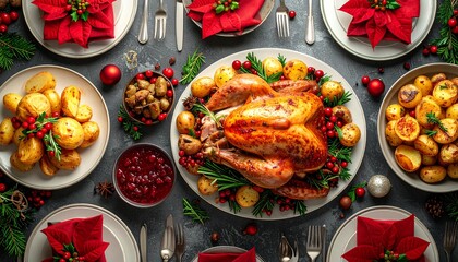 Flat lay overhead view of a Christmas thanksgiving dinner, roast turkey, potatoes, vegetables and cranberry sauce, on a dinner table laid with festive holiday napkins and plates