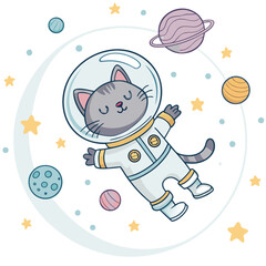 A cute cat astronaut floats peacefully in outer space surrounded by planets and stars.