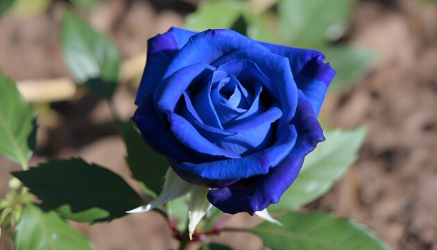 Bright blue rose close-up. Macro shot of a rare blue rose. Beautiful and unusual flower in the garden.