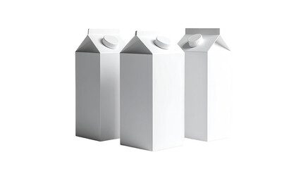 Three blank, white carton containers, likely for milk or juice, stand in a slightly overlapping arrangement against a dark background.  They are upright, tall, and feature a typical carton design