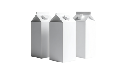 Three blank, white carton containers, likely for milk or juice, stand in a slightly overlapping arrangement against a dark background.  They are upright, tall, and feature a typical carton design