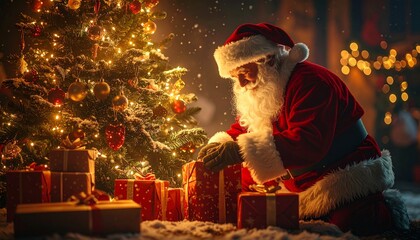 Santa Claus putting Christmas presents gifts under the tree on Christmas Eve, holiday scene background  