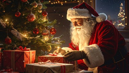 Santa Claus putting Christmas presents gifts under the tree on Christmas Eve, holiday scene background  
