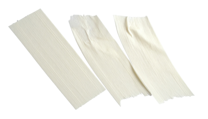 Three strips of off-white adhesive tape, torn and overlapping, creating a design